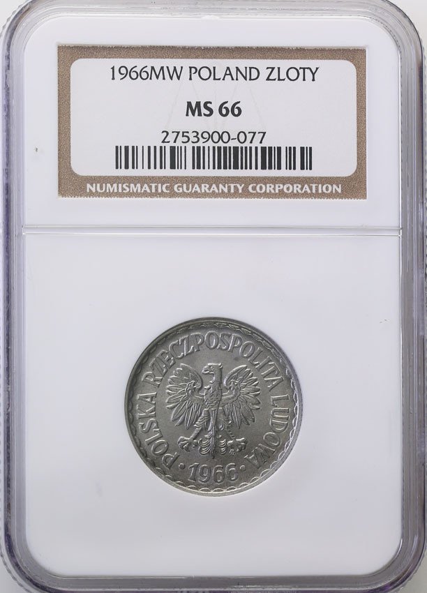 PRL. 1 złoty 1966 aluminium NGC MS66